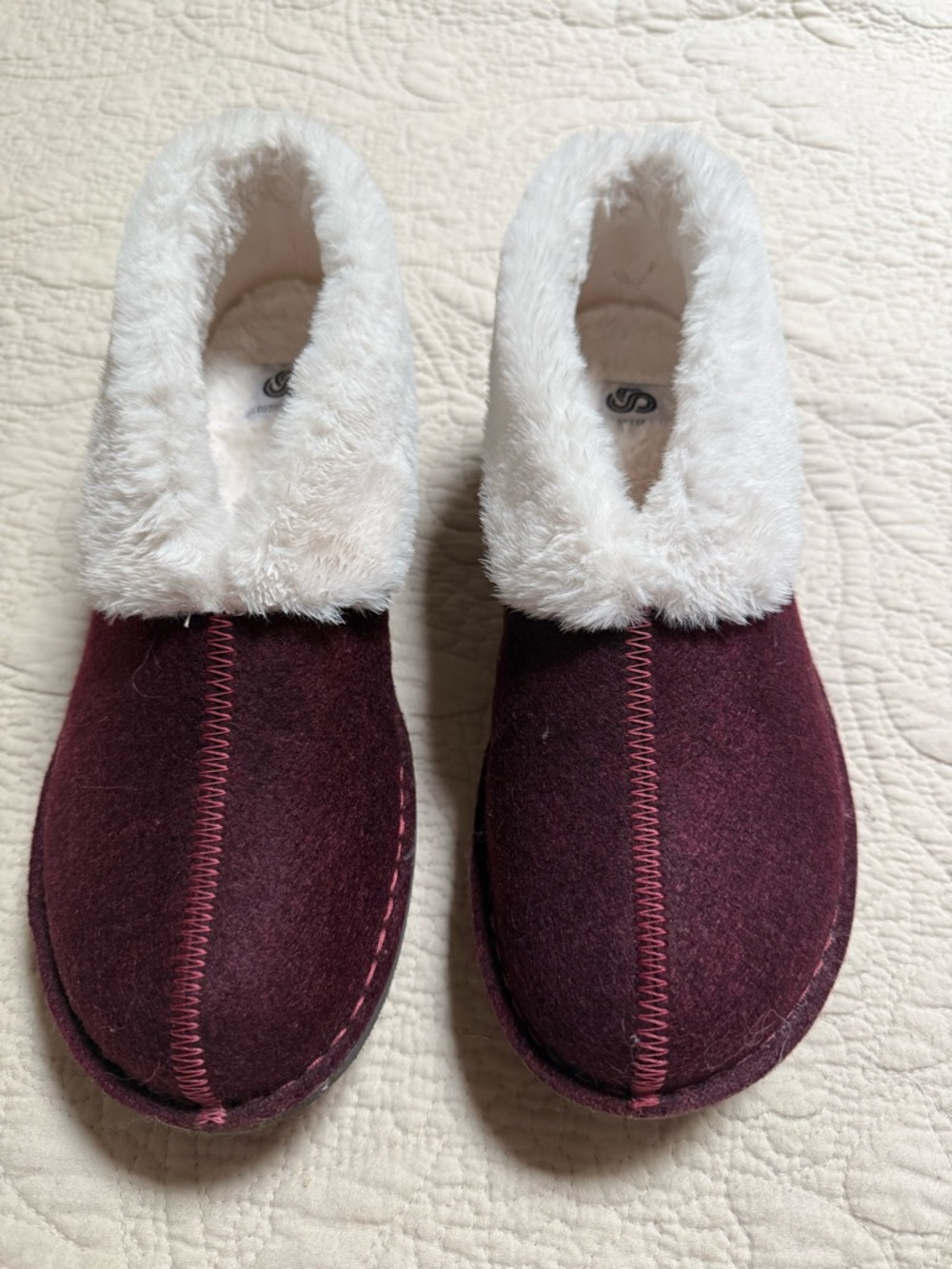 Cloudsteppers by Clarks Plush Faux-Fur Lined Slippers in Burgundy and White